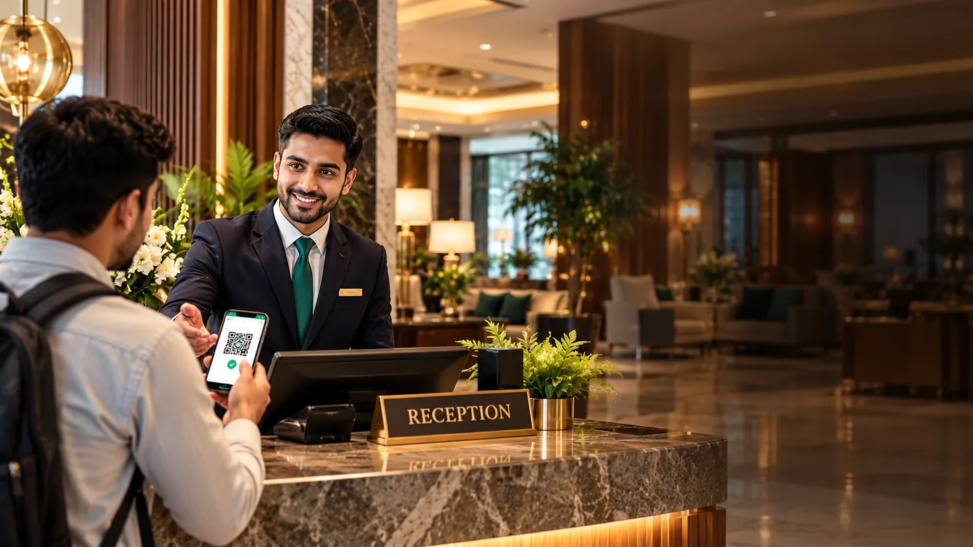 SmartVisit hotel reception with a receptionist and visitor QR check-in